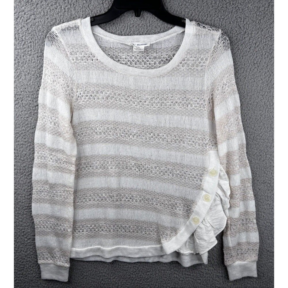 Clu + Willoughby Sweater Womens Small White Ivory Sheer Ruffle Accent